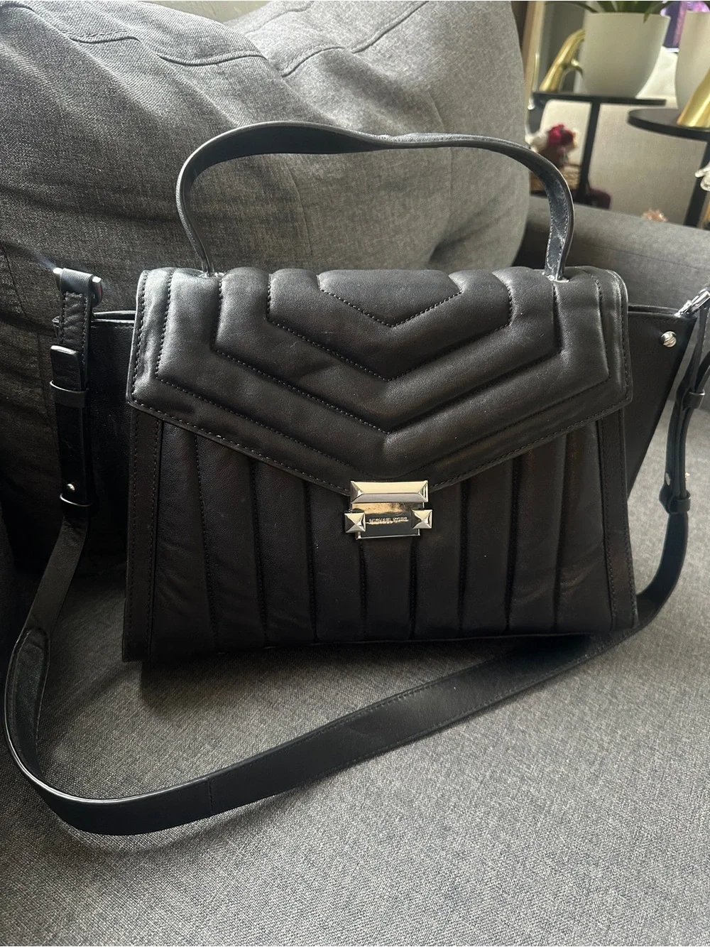 Michael Kors Black Quilted Top-Handle Satchel with Gold Hardware